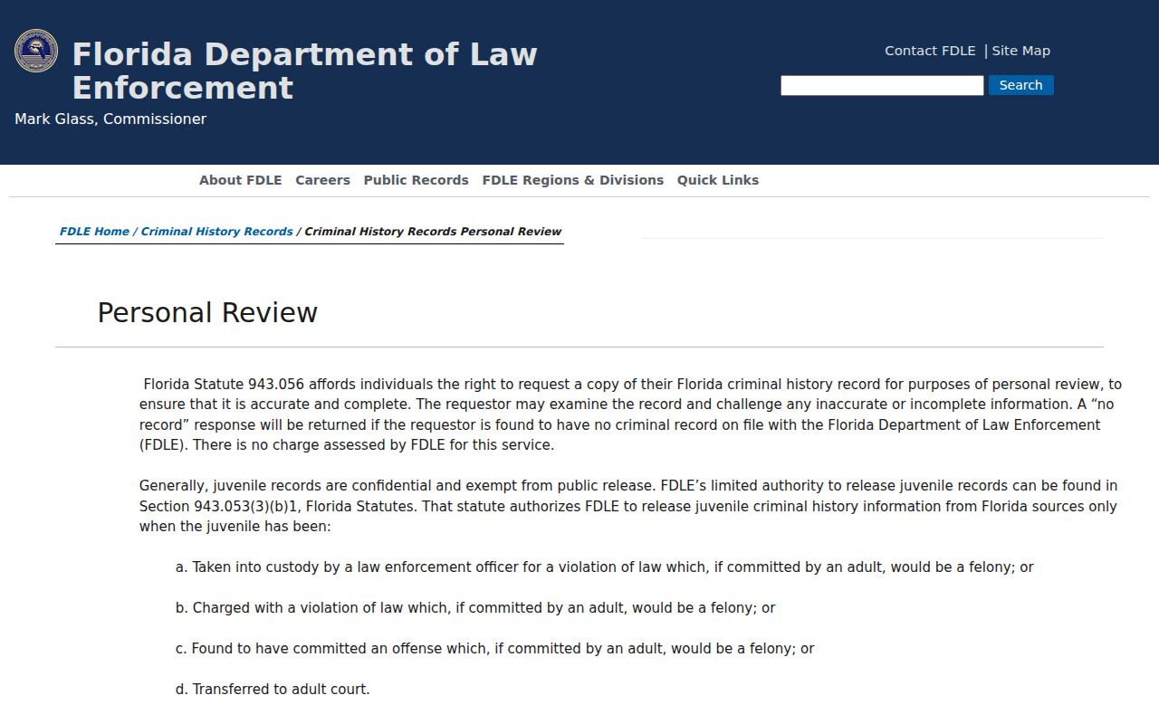Glades County arrest history FDLE personal record review