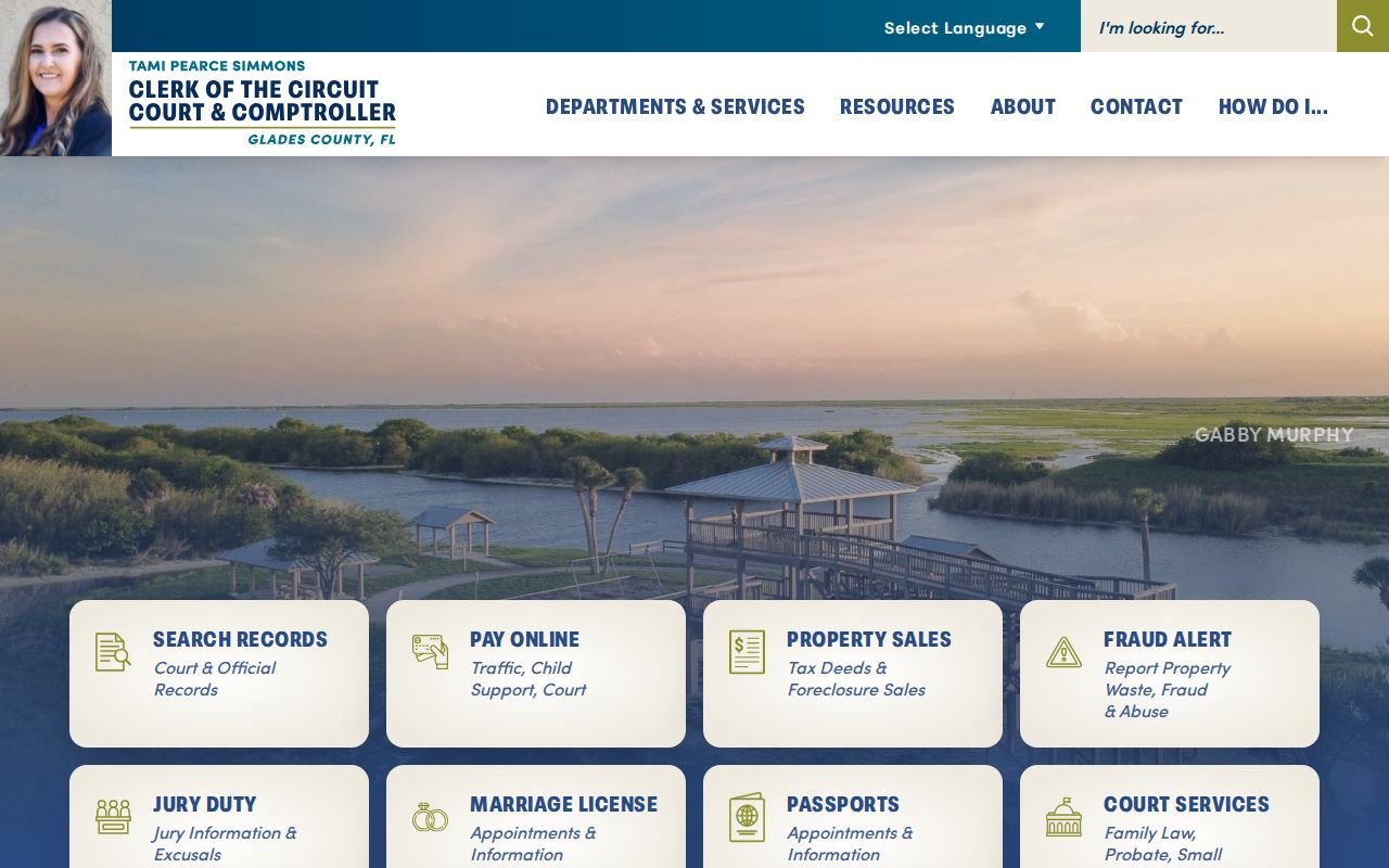 Glades County Clerk homepage with courthouse contact information