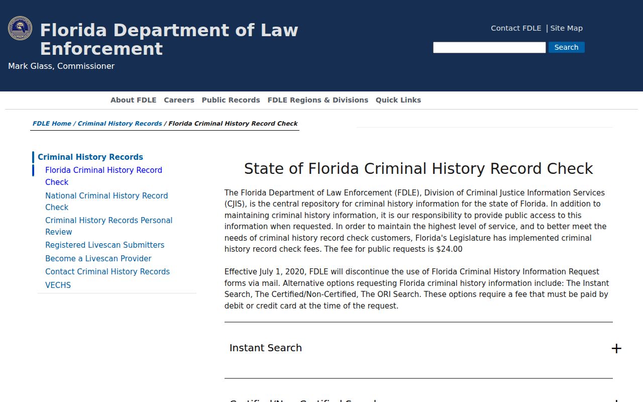 FDLE page explaining instant certified and ORI criminal history checks