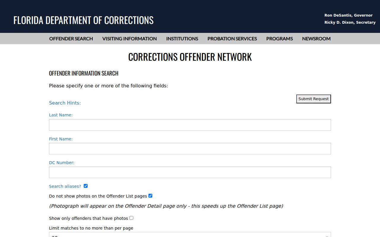 Florida Department of Corrections offender search form