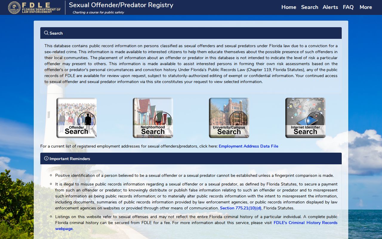 Glades County sex offender check on the FDLE registry form